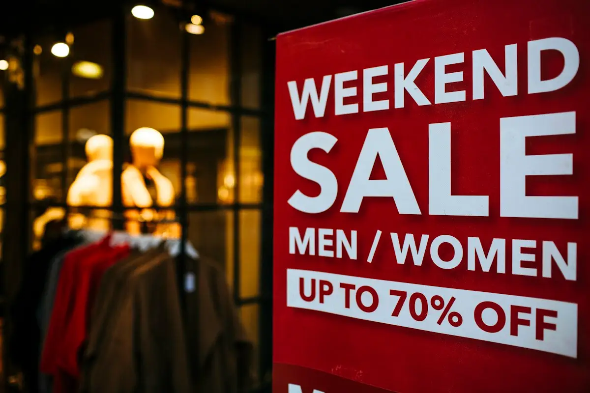 Weekend sale sign displayed in a shop