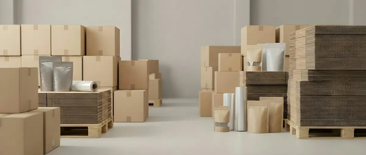 Cardboard boxes and packaging supplies in a warehouse
