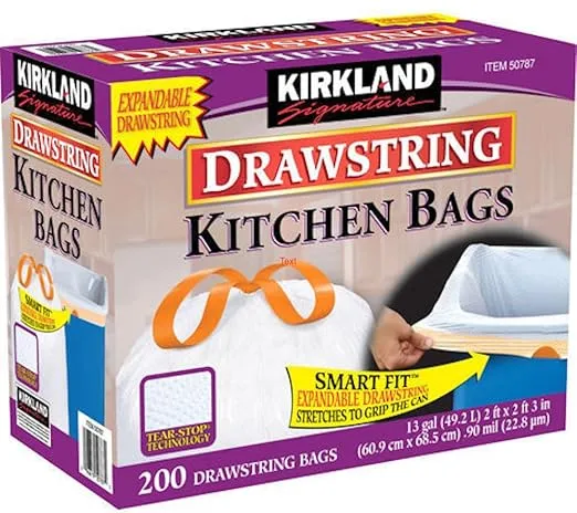 Kirkland Signature 13 Gallon Heavy Duty Drawstring Kitchen Trash Bags, 200 Count – White, 100% Recyclable